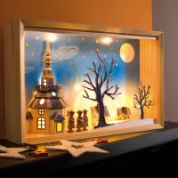 Wooden picture, colourful background, in wooden frame, 10 warm-white LEDs, indoor transformer