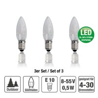 LED-Riffelkerze, warm-weiß, klare Kerze,  8 - 55 V, E10, 3er Blister