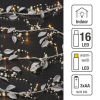 16-tlg. LED-Lichterkette,silberne Blättern + Bälle, warm-weiß,  batteriebetrieben