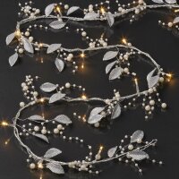 16-pcs. LED-Lightchain with silver leafs and balls, warm-white, transparent cable, battery-operated