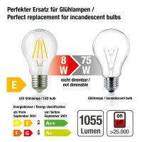 LED-Filament-Lampe A60, E27, 8W, Glas klar, 1055 lm