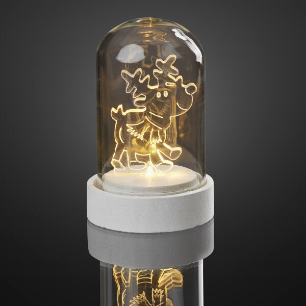 LED-Deko-Glocke mit Acryl-Rentier, warm-weiße LEDs, batteriebetrieben