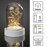 LED-Deko-Glocke mit Acryl-Rentier, warm-weiße LEDs, batteriebetrieben