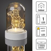 LED-Glas-Glocke mit Acryl Weihnachtsmann, 1 LED warm-weiß, Batterien inkl.