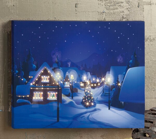 LED-Fiberoptic Picture “Viillage in Winter“, warm-white LEDs, battery operated