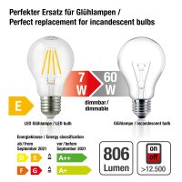 LED-Filament-Lampe A60, E27, 7W, Glas klar, 806 lm