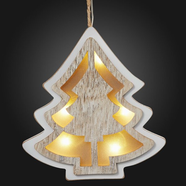 LED-3D Tannenbaum, zum Aufhängen, weiß gebeizt, 5 warm-weiße LEDs, batteriebetrieben