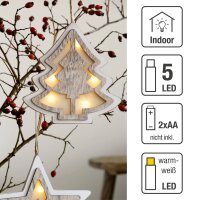 LED-Tannenbaum, weiß gebeizt, zum Hängen,, 5 LEDs warm-weiß, batteriebetrieben