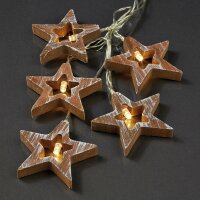 10-pcs. Lightchain with wooden stars, warm-white, transparent cable, battery operated