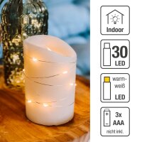 LED Waxcandle witht LED-Lightchain "Morning Dew", white, 10,0 cm high, warm-white LEDs