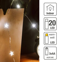 20-pcs. LED-Lightchain, warm-white, with Stars and timer, battery operated
