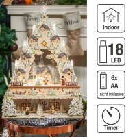 LED-Holzleuchter „Winterliche Kirche mit Schneemann“, mit 6h-Timer, batteriebetrieben
