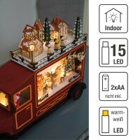 LED-Lastwagen aus Holz, rot, 2 stöckige Winterszene, 15 LEDs ww, batteriebetrieben