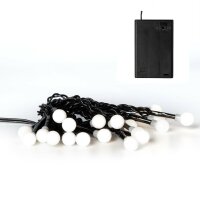 20-pcs. LED-Ball-Lightchain, cold white, black cable, battery operated, with timer, for indoor use
