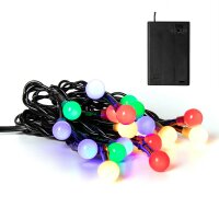 20-pcs. LED-Ball-Lightchain, multicoloured, black cable, battery operated, with timer, for indoor use