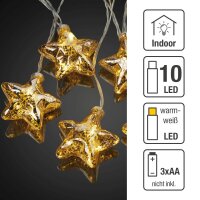 10-tlg. LED-Lichterkette mit Glas-Sternen, warm-weiß, transparentes Kabel, batteriebetrieben