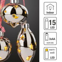 LED-Pottery-Set of 3 pcs. for hanging, silver, 15 warm-white  LEDs, battery operated