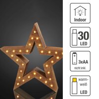 LED-Holzstern, naturfarben, DIA 35cm, 30 LEDs ww, mit Timer, batteriebetrieben