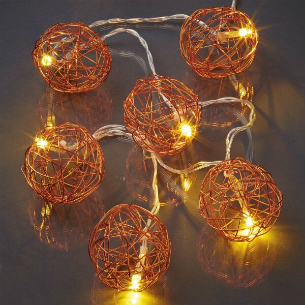 LED Lichterkette mit rose goldfarbenen Metallbällen, 10 LEDs warm-weiß, mit Timer, batteriebetrieben