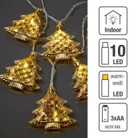 LED Lichterkette mit goldfarbenen Metallbäumen, 10 LEDs warm-weiß mit Timer, batteriebetrieben