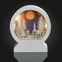 LED-3D Picture round on a stand, Church and Santa, 18 warm-white LEDs, battery operated