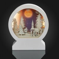 LED-3D Picture round on a stand, Church and Santa, 18 warm-white LEDs, battery operated