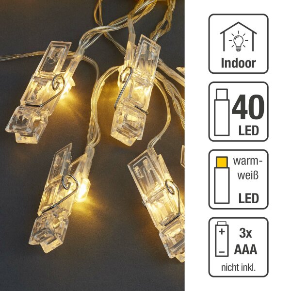 40-tlg. LED-Lichterkette mit Fotoclips, warm-weiß, transparentes Kabe