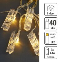 40-tlg. LED-Lichterkette mit Fotoclips, warm-weiß, transparentes Kabel, USB- oder batteriebetrieben