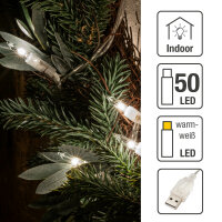 50-tlg. LED-Lichterkette, warm-weiß, transparentes Kabel, USB -Anschluss