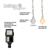 100-pcs. LED-Ball-Lightchain, warm-white LEDs, transparent cable, with Multifunctions, Outdoor Transformer