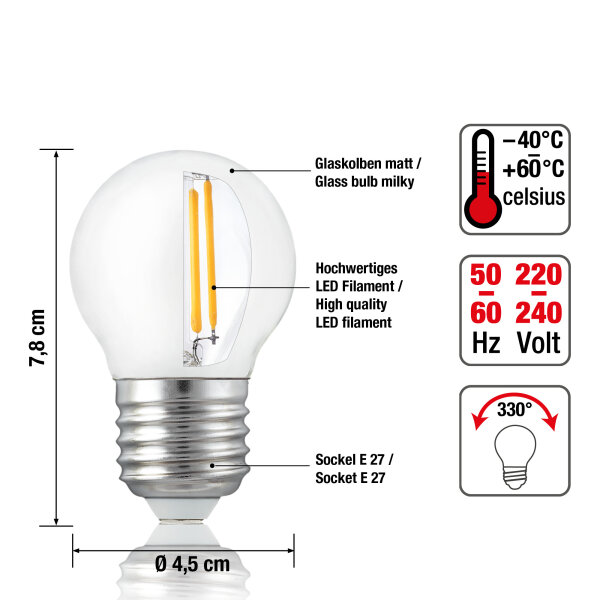 Set of 5 pcs. LED-drop bulb G45, E27, 4,5W, glass milky, 470 lm 209211