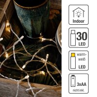 30-tlg. LED-Lichterkette, warm-weiß, transparentes Kabel, batteriebetrieben