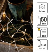 LED-Lichterkette, 50 LEDS warm-weiß, transparentes Kabel, batteriebetrieben