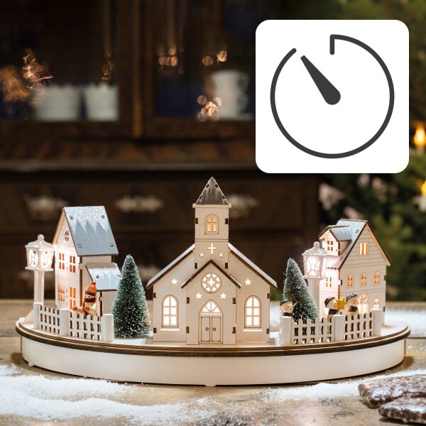 LED Wooden City with church semicircle, 8 warm-white LEDs, battery operated