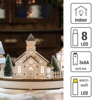 LED Wooden City with church semicircle, 8 warm-white LEDs, battery operated