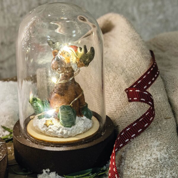 LED-Bell  "sitting Reindeer", 3 warm-white LEDs, battery-operated