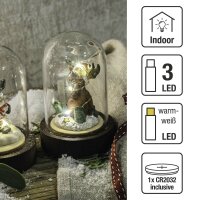 LED-Glas-Kuppel auf braunem Sockel, "Rentier sitzend", 3 LEDs warm-weiß, inkl. Batterie