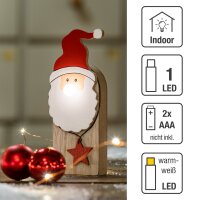 LED-Holz-Weihnachtsmann mit leuchtender Nase, 1 warm-weiße LED, batteriebetrieben