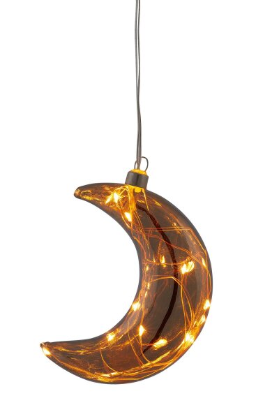 LED-Glass-Moon with Lightchain with copper wire, 10 warm-white LEDs, battery operated