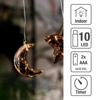 LED-Glass-Moon with Lightchain with copper wire, 10 warm-white LEDs, battery operated