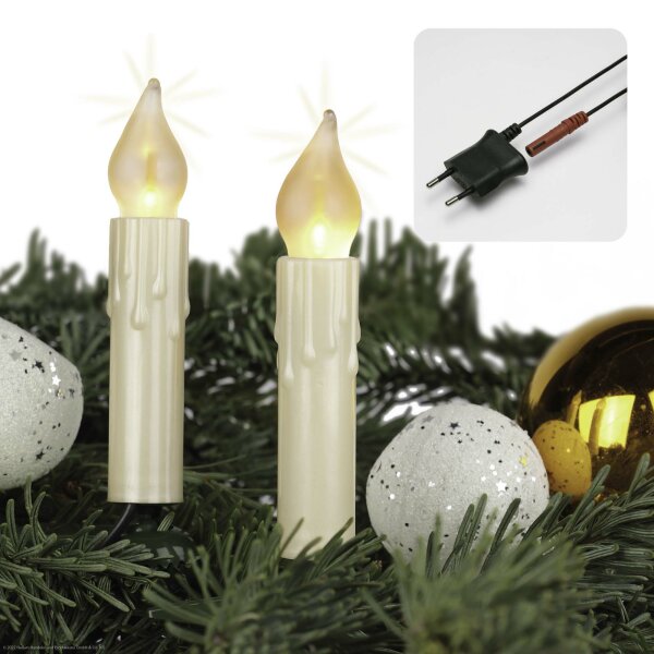 20-tlg. LED-Flammenkerzenkette mit Flammeneffekt, perlelfenbein mit Wachstropfen, für innen, warmweiß und matt, teilbarer Stecker