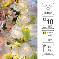 10-pcs. LED Light Chain with white roses, warm-white LEDs, battery operated
