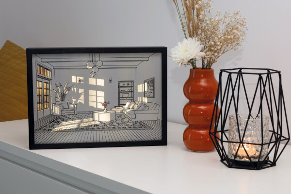 LED-Fiberoptic Picture “living room“, warm-white LEDs, battery operated