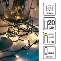 20-pcs. LED-Lightchain, warm-white LEDs, green cable, battery operated