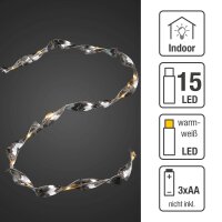 15-pcs. LED-Lightchain with silver spirals, warm-white, transparent cable, battery operated