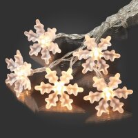 10-pcs. LED-Lightchain with snowflakes, warm-white, transparent cable, battery operated