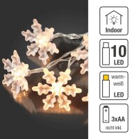 10-pcs. LED-Lightchain with snowflakes, warm-white, transparent cable, battery operated