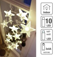 10-pcs. LED-Lightchain with frosted stars, cold white, transparent cable, battery operated