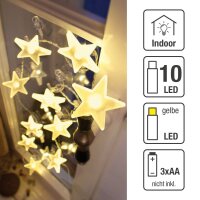 10-pcs. LED-Lightchain with frosted stars, yellow, transparent cable, battery operated