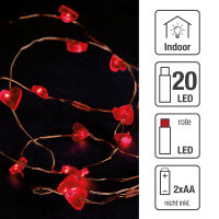 20-pcs. LED-Lightchain "Hearts", red, battery-operated, indoor